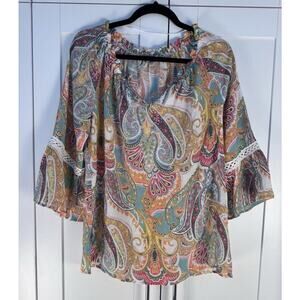 Spense Top Womens M Bell Sleeve Crochet Ruffle Paisley Boho Gypsy Peasant Indie